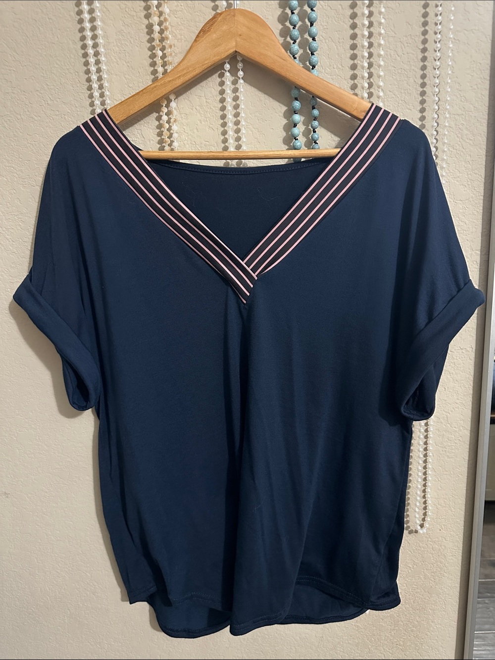 Women’s Navy V-Neck Top with Pink-Trim Accent